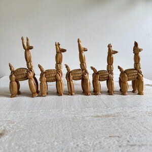 Set of Five Vintage Woven Straw Llamas - South Western Folk Art Woven Donkeys